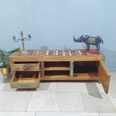 Handmade Indian Furniture Nirvana Reclaimed Solid Wood Carved TV Unit With Drawers